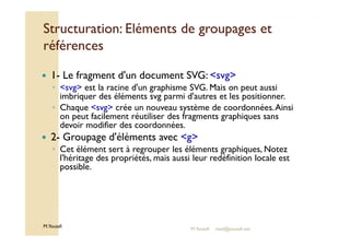 Structuration: Eléments ddee ggrroouuppaaggeess eett 
rrééfféérreenncceess 
 1- Le fragment d'un document SVG: svg 
◦ svg est la racine d'un graphisme SVG. Mais on peut aussi 
imbriquer des éléments svg parmi d'autres et les positionner. 
◦ Chaque svg crée un nouveau système de coordonnées. Ainsi 
on peut facilement réutiliser des fragments graphiques sans 
devoir modifier des coordonnées. 
 2- Groupage d'éléments avec g 
◦ Cet élément sert à regrouper les éléments graphiques, Notez 
l'héritage des propriétés, mais aussi leur redéfinition locale est 
possible. 
M.Youssfi 
M.Youssfi med@youssfi.net 
 
