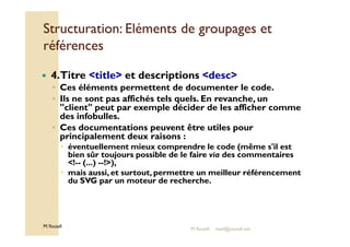Structuration: Eléments ddee ggrroouuppaaggeess eett 
rrééfféérreenncceess 
 4. Titre title et descriptions desc 
◦ Ces éléments permettent de documenter le code. 
◦ Ils ne sont pas affichés tels quels. En revanche, un 
client peut par exemple décider de les afficher comme 
des infobulles. 
◦ Ces documentations peuvent être utiles pour 
principalement deux raisons : 
 éventuellement mieux comprendre le code (même s'il est 
bien sûr toujours possible de le faire via des commentaires 
!-- (...) --!), 
 mais aussi, et surtout, permettre un meilleur référencement 
du SVG par un moteur de recherche. 
M.Youssfi 
M.Youssfi med@youssfi.net 
 