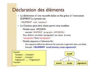 Déclaration ddeess éélléémmeennttss 
 La déclaration d ’une nouvelle balise se fait grâce à l ’instruction 
ELEMENT. La syntaxe est: 
!ELEMENT nom contenu 
 Le Contenu peut être choisi parmi cinq modèles: 
◦ Modèle texte #PCDATA 
 exemple !ELEMENT paragraphe (#PCDATA) 
PPoouurr ddééccllaarreerr uunnee bbaalliissee ppaarraaggrraapphhee qquuii rreeççooiitt dduu tteexxttee 
paragrapheTexte/paragraphe 
◦ Modèle séquence d ’éléments fils : 
 Une séquence définit les éléments fils autorisés à apparaître dans une balise. 
 Exemple : !ELEMENT email (entete, corps, signature) 
email 
entete…./entete 
corps…../corps 
signature……/signature 
/email 
email 
enete corps signature 
M.Youssfi med@youssfi.net 
 