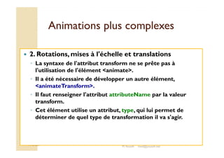 AAnniimmaattiioonnss pplluuss ccoommpplleexxeess 
 2. Rotations, mises à l'échelle et translations 
◦ La syntaxe de l'attribut transform ne se prête pas à 
l'utilisation de l'élément animate. 
◦ Il a été nécessaire de développer un autre élément, 
animateTransform. 
◦ Il faut renseigner l'attribut attributeName par la valeur 
transform. 
◦ Cet élément utilise un attribut, type, qui lui permet de 
déterminer de quel type de transformation il va s'agir. 
M.Youssfi 
M.Youssfi med@youssfi.net 
 