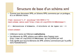 Structure de base dd’’uunn sscchhéémmaa xxmmll 
 Comme tout document XML, un Schema XML commence par un prologue, 
et a un élément racine. 
?xml version=1.0 encoding=ISO-8859-1? 
xsd:schema xmlns:xsd=http://www.w3.org/2000/10/XMLSchema 
!-- déclarations d'éléments, d'attributs et de types ici -- 
/xsd:schema 
 L'élément racine est l'élément xsd:schema. 
 Les éléments du XML schéma sont définis dans l’espace nom 
http://www.w3.org/2000/10/XMLSchema qui est préfixé par xsd. 
 Cela signifie que tous le éléments de XML schéma commencent par le préfix 
xsd (xsd:element) 
M.Youssfi med@youssfi.net 
 