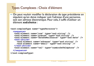 Types Complexes :: CChhooiixx dd’’éélléémmeenntt 
 On peut vouloir modifier la déclaration de type précédente en 
stipulant qu'on doive indiquer soit l'adresse d'une personne, 
soit son adresse électronique. Pour cela, il suffit d'utiliser un 
élément xsd:choice : 
xsd:complexType name=typePersonne 
sequence 
xsd:element name=nom type=xsd:string / 
xsd:element name=prénom type=xsd:string / 
xsd:element name=dateDeNaissance type=xsd:date / 
xsd:choice 
xsd:element name=adresse type=xsd:string / 
xsd:element name=email type=xsd:string / 
/xsd:choice 
xsd:element name=tel type=numéroDeTéléphone / 
/sequence 
/xsd:complexType 
M.Youssfi med@youssfi.net 
 