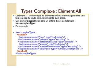 Types CCoommpplleexxee :: EElléémmeenntt AAllll 
 L’élément All indique que les éléments enfants doivent apparaître une 
fois (ou pas du tout), et dans n'importe quel ordre. 
 Cet élément xsd:all doit être un enfant direct de l'élément 
xsd:complexType. 
 Par exemple 
 xsd:complexType 
xxssdd::aallll 
xsd:element name=nom type=xsd:string / 
xsd:element name=prénom type=xsd:string / 
xsd:element name=dateDeNaissance type=xsd:date / 
xsd:element name=adresse type=xsd:string / 
xsd:element name=adresseElectronique type=xsd:string / 
xsd:element name=téléphone type=numéroDeTéléphone / 
/xsd:all 
/xsd:complexType 
M.Youssfi med@youssfi.net 
 