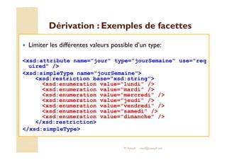Dérivation : Exemples ddee ffaacceetttteess 
 Limiter les différentes valeurs possible d’un type: 
xsd:attribute name=jour type=jourSemaine use=req 
uired / 
xsd:simpleType name=jourSemaine 
xsd:restriction base=xsd:string 
xsd:enumeration value=lundi / 
xsd:enumeration value=mardi / 
xsd:enumeration value=mercredi / 
xsd:enumeration value=jeudi / 
xsd:enumeration value=vendredi / 
xsd:enumeration value=samedi / 
xsd:enumeration value=dimanche / 
/xsd:restriction 
/xsd:simpleType 
M.Youssfi med@youssfi.net 
 