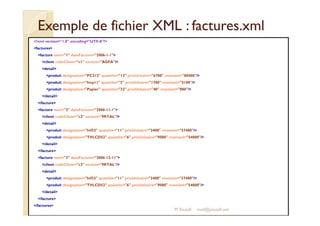 Exemple de fichier XXMMLL :: ffaaccttuurreess..xxmmll 
?xml version=1.0 encoding=UTF-8? 
factures 
facture num=1 dateFacture=2006-1-1 
client codeClient=c1 societe=AGFA/ 
detail 
produit designation=PC212 quantite=12 prixUnitaire=6700 montant=80400/ 
produit designation=Imp11 quantite=3 prixUnitaire=1700 montant=5100/ 
produit designation=Papier quantite=22 prixUnitaire=40 montant=880/ 
/detail 
/facture 
facture num=2 dateFacture=2006-11-1 
client codeClient=c2 societe=MITAL/ 
detail 
produit designation=Inf33 quantite=11 prixUnitaire=3400 montant=37400/ 
produit designation=TVLCD52 quantite=6 prixUnitaire=9000 montant=54000/ 
/detail 
/facture 
facture num=3 dateFacture=2006-12-11 
client codeClient=c2 societe=MITAL/ 
detail 
produit designation=Inf33 quantite=11 prixUnitaire=3400 montant=37400/ 
produit designation=TVLCD52 quantite=6 prixUnitaire=9000 montant=54000/ 
/detail 
/facture 
/factures 
M.Youssfi med@youssfi.net 
 