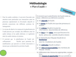 Méthodologie
« Plan d’audit »
• Pour les audits combinés, il convient d’accorder une
attention toute particulière aux interactions entre les
processus opérationnels et d’éventuels objectifs et
priorités concurrents des différents systèmes de
management.
• Le niveau de détail et le contenu de la planification de
l’audit peuvent, par exemple, être différents entre les
audits initiaux et les audits ultérieurs et également
entre les audits internes et externes.
• Il convient que la planification de l’audit soit
suffisamment flexible pour permettre les
modifications qui peuvent se révéler nécessaires à
mesure que se déroulent les activités d’audit.
21
Il convient que la planification de l’audit traite ou
fasse référence aux éléments suivants:
a) les objectifs de l’audit;
b) le champ de l’audit ainsi que des processus à
auditer;
c) les critères d’audit et toutes les
informations documentées de référence;
d) les lieux et les dates, ainsi que l’horaire et la
durée prévus des activités d’audit à mener;
e) la nécessité pour l’équipe d’audit de se
familiariser
avec les installations de l’audité;
f) les méthodes d’audit à utiliser ;
g) les rôles et responsabilités des membres de
l’équipe d’audit;
h) l’affectation des ressources appropriées, compte
tenu
des risques et opportunités liés aux activités à
 