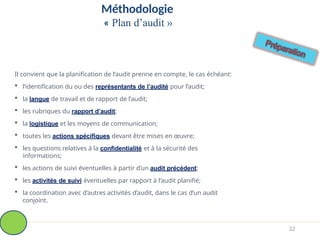 Méthodologie
« Plan d’audit »
Il convient que la planification de l’audit prenne en compte, le cas échéant:
 l’identification du ou des représentants de l’audité pour l’audit;
 la langue de travail et de rapport de l’audit;
 les rubriques du rapport d’audit;
 la logistique et les moyens de communication;
 toutes les actions spécifiques devant être mises en œuvre;
 les questions relatives à la confidentialité et à la sécurité des
informations;
 les actions de suivi éventuelles à partir d’un audit précédent;
 les activités de suivi éventuelles par rapport à l’audit planifié;
 la coordination avec d’autres activités d’audit, dans le cas d’un audit
conjoint.
22
 