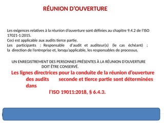 RÉUNION D’OUVERTURE
1 20.12.2019 Presentation 2.7 Version 2018-12 - Dec 2018 – IRCA QMS ISO 9001:2015 LA course - © TÜV Rheinland Academy
Les exigences relatives à la réunion d’ouverture sont définies au chapitre 9.4.2 de l’ISO
17021-1:2015.
Ceci est applicable aux audits tierce partie.
Les participants : Responsable d’audit et auditeur(s) (le cas échéant) ;
la direction de l’entreprise et, lorsqu’applicable, les responsables de processus.
UN ENREGISTREMENT DES PERSONNES PRÉSENTES À LA RÉUNION D’OUVERTURE
DOIT ÊTRE CONSERVÉ.
Les lignes directrices pour la conduite de la réunion d’ouverture
des audits seconde et tierce partie sont déterminées
dans
l’ISO 19011:2018, § 6.4.3.
 