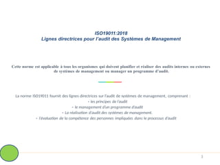 ISO19011:2018
Lignes directrices pour l’audit des Systèmes de Management
Cette norme est applicable à tous les organismes qui doivent planifier et réaliser des audits internes ou externes
de systèmes de management ou manager un programme d’audit.
La norme ISO19011 fournit des lignes directrices sur l’audit de systèmes de management, comprenant :
- les principes de l’audit
- le management d’un programme d’audit
- La réalisation d’audit des systèmes de management.
- l’évaluation de la compétence des personnes impliquées dans le processus d’audit
3
 