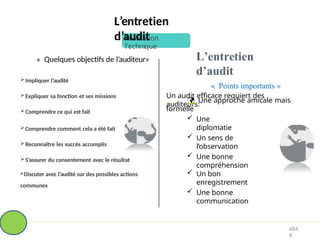 Réalisation
Technique
L’entretien
d’audit
« Points importants »
Un audit efficace requiert des
auditeurs:
L’entretien
d’audit
« Quelques objectifs de l’auditeur»
Impliquer l’audité
Expliquer sa fonction et ses missions
Comprendre ce qui est fait
Comprendre comment cela a été fait
Reconnaître les succès accomplis
S’assurer du consentement avec le résultat
Discuter avec l’audité sur des possibles actions
communes
 Une approche amicale mais
formelle
 Une
diplomatie
 Un sens de
l’observation
 Une bonne
compréhension
 Un bon
enregistrement
 Une bonne
communication
484
8
 