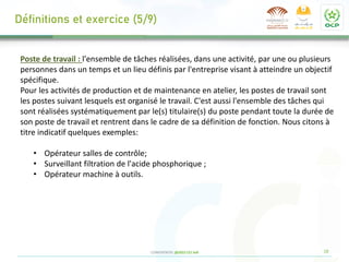18
CONFIDENTIEL @2022 CCI Safi
Poste de travail : l'ensemble de tâches réalisées, dans une activité, par une ou plusieurs
personnes dans un temps et un lieu définis par l'entreprise visant à atteindre un objectif
spécifique.
Pour les activités de production et de maintenance en atelier, les postes de travail sont
les postes suivant lesquels est organisé le travail. C'est aussi l'ensemble des tâches qui
sont réalisées systématiquement par le(s) titulaire(s) du poste pendant toute la durée de
son poste de travail et rentrent dans le cadre de sa définition de fonction. Nous citons à
titre indicatif quelques exemples:
• Opérateur salles de contrôle;
• Surveillant filtration de l'acide phosphorique ;
• Opérateur machine à outils.
Définitions et exercice (5/9)
 