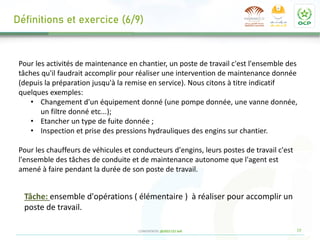19
CONFIDENTIEL @2022 CCI Safi
Pour les activités de maintenance en chantier, un poste de travail c'est l'ensemble des
tâches qu'il faudrait accomplir pour réaliser une intervention de maintenance donnée
(depuis la préparation jusqu'à la remise en service). Nous citons à titre indicatif
quelques exemples:
• Changement d'un équipement donné (une pompe donnée, une vanne donnée,
un filtre donné etc...);
• Etancher un type de fuite donnée ;
• Inspection et prise des pressions hydrauliques des engins sur chantier.
Pour les chauffeurs de véhicules et conducteurs d'engins, leurs postes de travail c'est
l'ensemble des tâches de conduite et de maintenance autonome que l'agent est
amené à faire pendant la durée de son poste de travail.
Tâche: ensemble d'opérations ( élémentaire ) à réaliser pour accomplir un
poste de travail.
Définitions et exercice (6/9)
 