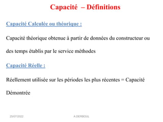 Capacité – Définitions
Capacité Calculée ou théorique :
Capacité théorique obtenue à partir de données du constructeur ou
des temps établis par le service méthodes
Capacité Réelle :
Réellement utilisée sur les périodes les plus récentes = Capacité
Démontrée
A.DERBOUL
25/07/2022
 