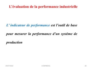 26
L’évaluation de la performance industrielle
L’ indicateur de performance est l’outil de base
pour mesurer la performance d’un système de
production
25/07/2022 A.DERBOUL
 
