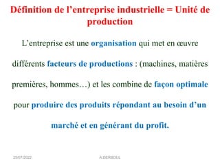 Définition de l’entreprise industrielle = Unité de
production
L’entreprise est une organisation qui met en œuvre
différents facteurs de productions : (machines, matières
premières, hommes…) et les combine de façon optimale
pour produire des produits répondant au besoin d’un
marché et en générant du profit.
25/07/2022 A.DERBOUL
 