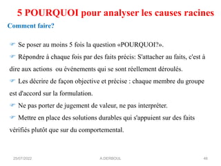 5 POURQUOI pour analyser les causes racines
Comment faire?
 Se poser au moins 5 fois la question «POURQUOI?».
 Répondre à chaque fois par des faits précis: S'attacher au faits, c'est à
dire aux actions ou événements qui se sont réellement déroulés.
 Les décrire de façon objective et précise : chaque membre du groupe
est d'accord sur la formulation.
 Ne pas porter de jugement de valeur, ne pas interpréter.
 Mettre en place des solutions durables qui s'appuient sur des faits
vérifiés plutôt que sur du comportemental.
25/07/2022 A.DERBOUL 46
 