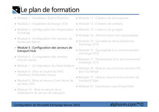 Le plan de formation
• Module 1 : Installation Active Directory
• Module 2 : Installation Exchange 2010
• Module 3 : Configuration de l'organisation
Exchange
• Module 4 : Configuration des serveurs de
boites aux lettres
• Module 5 : Configuration des serveurs de
transport Hub
• Module 6 : Configuration des serveurs
• Module 11 : Création de destinataires
• Module 12 : Création de contacts
• Module 13 : Création de groupes
• Module 14 : Administration des destinataires
• Module 15 : Surveillance de la plateforme
Exchange 2010
• Module 16 : Sauvegarde d'un environnement
Exchange 2010
Configuration de Microsoft Exchange Server 2010 alphorm.com™©
• Module 6 : Configuration des serveurs
d'accès clients
• Module 7 : Configuration du client Outlook
• Module 8 : Mise en œuvre du DAG
(Database Availability Group)
• Module 9 : Mise en œuvre d'une ferme de
serveurs CAS
• Module 10 : Mise en œuvre de la
redondance du service de transport
• Module 17 : Restauration d'un environnement
Exchange 2010
• Module 18 : Mise en œuvre d'une solution PKI
pour Exchange
• Module 19 : Mise en œuvre d'une solution de
transport Edge
• Module 20 : Exploitation sous PowerShell
 
