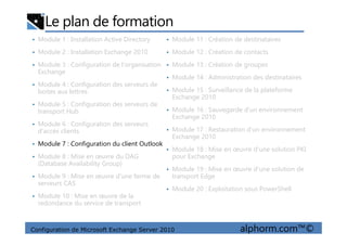 Le plan de formation
• Module 1 : Installation Active Directory
• Module 2 : Installation Exchange 2010
• Module 3 : Configuration de l'organisation
Exchange
• Module 4 : Configuration des serveurs de
boites aux lettres
• Module 5 : Configuration des serveurs de
transport Hub
• Module 6 : Configuration des serveurs
• Module 11 : Création de destinataires
• Module 12 : Création de contacts
• Module 13 : Création de groupes
• Module 14 : Administration des destinataires
• Module 15 : Surveillance de la plateforme
Exchange 2010
• Module 16 : Sauvegarde d'un environnement
Exchange 2010
Configuration de Microsoft Exchange Server 2010 alphorm.com™©
• Module 6 : Configuration des serveurs
d'accès clients
• Module 7 : Configuration du client Outlook
• Module 8 : Mise en œuvre du DAG
(Database Availability Group)
• Module 9 : Mise en œuvre d'une ferme de
serveurs CAS
• Module 10 : Mise en œuvre de la
redondance du service de transport
• Module 17 : Restauration d'un environnement
Exchange 2010
• Module 18 : Mise en œuvre d'une solution PKI
pour Exchange
• Module 19 : Mise en œuvre d'une solution de
transport Edge
• Module 20 : Exploitation sous PowerShell
 