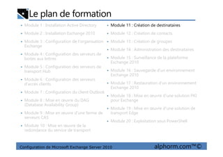Le plan de formation
• Module 1 : Installation Active Directory
• Module 2 : Installation Exchange 2010
• Module 3 : Configuration de l'organisation
Exchange
• Module 4 : Configuration des serveurs de
boites aux lettres
• Module 5 : Configuration des serveurs de
transport Hub
• Module 6 : Configuration des serveurs
• Module 11 : Création de destinataires
• Module 12 : Création de contacts
• Module 13 : Création de groupes
• Module 14 : Administration des destinataires
• Module 15 : Surveillance de la plateforme
Exchange 2010
• Module 16 : Sauvegarde d'un environnement
Exchange 2010
Configuration de Microsoft Exchange Server 2010 alphorm.com™©
• Module 6 : Configuration des serveurs
d'accès clients
• Module 7 : Configuration du client Outlook
• Module 8 : Mise en œuvre du DAG
(Database Availability Group)
• Module 9 : Mise en œuvre d'une ferme de
serveurs CAS
• Module 10 : Mise en œuvre de la
redondance du service de transport
• Module 17 : Restauration d'un environnement
Exchange 2010
• Module 18 : Mise en œuvre d'une solution PKI
pour Exchange
• Module 19 : Mise en œuvre d'une solution de
transport Edge
• Module 20 : Exploitation sous PowerShell
 