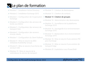 Le plan de formation
• Module 1 : Installation Active Directory
• Module 2 : Installation Exchange 2010
• Module 3 : Configuration de l'organisation
Exchange
• Module 4 : Configuration des serveurs de
boites aux lettres
• Module 5 : Configuration des serveurs de
transport Hub
• Module 6 : Configuration des serveurs
• Module 11 : Création de destinataires
• Module 12 : Création de contacts
• Module 13 : Création de groupes
• Module 14 : Administration des destinataires
• Module 15 : Surveillance de la plateforme
Exchange 2010
• Module 16 : Sauvegarde d'un environnement
Exchange 2010
Configuration de Microsoft Exchange Server 2010 alphorm.com™©
• Module 6 : Configuration des serveurs
d'accès clients
• Module 7 : Configuration du client Outlook
• Module 8 : Mise en œuvre du DAG
(Database Availability Group)
• Module 9 : Mise en œuvre d'une ferme de
serveurs CAS
• Module 10 : Mise en œuvre de la
redondance du service de transport
• Module 17 : Restauration d'un environnement
Exchange 2010
• Module 18 : Mise en œuvre d'une solution PKI
pour Exchange
• Module 19 : Mise en œuvre d'une solution de
transport Edge
• Module 20 : Exploitation sous PowerShell
 