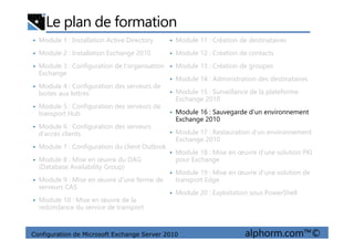Le plan de formation
• Module 1 : Installation Active Directory
• Module 2 : Installation Exchange 2010
• Module 3 : Configuration de l'organisation
Exchange
• Module 4 : Configuration des serveurs de
boites aux lettres
• Module 5 : Configuration des serveurs de
transport Hub
• Module 6 : Configuration des serveurs
• Module 11 : Création de destinataires
• Module 12 : Création de contacts
• Module 13 : Création de groupes
• Module 14 : Administration des destinataires
• Module 15 : Surveillance de la plateforme
Exchange 2010
• Module 16 : Sauvegarde d'un environnement
Exchange 2010
Configuration de Microsoft Exchange Server 2010 alphorm.com™©
• Module 6 : Configuration des serveurs
d'accès clients
• Module 7 : Configuration du client Outlook
• Module 8 : Mise en œuvre du DAG
(Database Availability Group)
• Module 9 : Mise en œuvre d'une ferme de
serveurs CAS
• Module 10 : Mise en œuvre de la
redondance du service de transport
• Module 17 : Restauration d'un environnement
Exchange 2010
• Module 18 : Mise en œuvre d'une solution PKI
pour Exchange
• Module 19 : Mise en œuvre d'une solution de
transport Edge
• Module 20 : Exploitation sous PowerShell
 