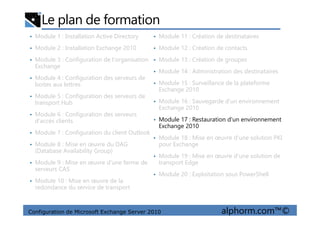 Le plan de formation
• Module 1 : Installation Active Directory
• Module 2 : Installation Exchange 2010
• Module 3 : Configuration de l'organisation
Exchange
• Module 4 : Configuration des serveurs de
boites aux lettres
• Module 5 : Configuration des serveurs de
transport Hub
• Module 6 : Configuration des serveurs
• Module 11 : Création de destinataires
• Module 12 : Création de contacts
• Module 13 : Création de groupes
• Module 14 : Administration des destinataires
• Module 15 : Surveillance de la plateforme
Exchange 2010
• Module 16 : Sauvegarde d'un environnement
Exchange 2010
Configuration de Microsoft Exchange Server 2010 alphorm.com™©
• Module 6 : Configuration des serveurs
d'accès clients
• Module 7 : Configuration du client Outlook
• Module 8 : Mise en œuvre du DAG
(Database Availability Group)
• Module 9 : Mise en œuvre d'une ferme de
serveurs CAS
• Module 10 : Mise en œuvre de la
redondance du service de transport
• Module 17 : Restauration d'un environnement
Exchange 2010
• Module 18 : Mise en œuvre d'une solution PKI
pour Exchange
• Module 19 : Mise en œuvre d'une solution de
transport Edge
• Module 20 : Exploitation sous PowerShell
 