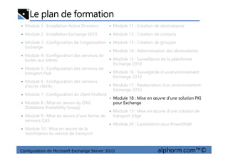 Le plan de formation
• Module 1 : Installation Active Directory
• Module 2 : Installation Exchange 2010
• Module 3 : Configuration de l'organisation
Exchange
• Module 4 : Configuration des serveurs de
boites aux lettres
• Module 5 : Configuration des serveurs de
transport Hub
• Module 6 : Configuration des serveurs
• Module 11 : Création de destinataires
• Module 12 : Création de contacts
• Module 13 : Création de groupes
• Module 14 : Administration des destinataires
• Module 15 : Surveillance de la plateforme
Exchange 2010
• Module 16 : Sauvegarde d'un environnement
Exchange 2010
Configuration de Microsoft Exchange Server 2010 alphorm.com™©
• Module 6 : Configuration des serveurs
d'accès clients
• Module 7 : Configuration du client Outlook
• Module 8 : Mise en œuvre du DAG
(Database Availability Group)
• Module 9 : Mise en œuvre d'une ferme de
serveurs CAS
• Module 10 : Mise en œuvre de la
redondance du service de transport
• Module 17 : Restauration d'un environnement
Exchange 2010
• Module 18 : Mise en œuvre d'une solution PKI
pour Exchange
• Module 19 : Mise en œuvre d'une solution de
transport Edge
• Module 20 : Exploitation sous PowerShell
 