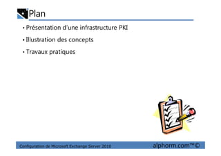 Plan
• Présentation d’une infrastructure PKI
• Illustration des concepts
• Travaux pratiques
Configuration de Microsoft Exchange Server 2010 alphorm.com™©
 