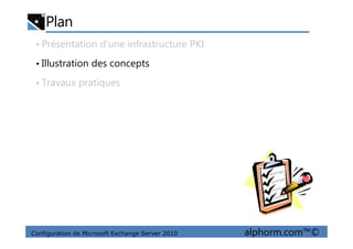 Plan
• Présentation d’une infrastructure PKI
• Illustration des concepts
• Travaux pratiques
Configuration de Microsoft Exchange Server 2010 alphorm.com™©
 