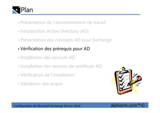 Plan
• Présentation de l’environnement de travail
• Introduction Active Directory (AD)
• Présentation des concepts AD pour Exchange
• Vérification des prérequis pour AD
• Installation des services AD
Configuration de Microsoft Exchange Server 2010 alphorm.com™©
• Installation des services AD
• Installation des services de certificats AD
• Vérification de l’installation
• Validation des acquis
 