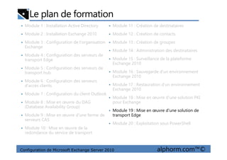 Le plan de formation
• Module 1 : Installation Active Directory
• Module 2 : Installation Exchange 2010
• Module 3 : Configuration de l'organisation
Exchange
• Module 4 : Configuration des serveurs de
transport Edge
• Module 5 : Configuration des serveurs de
transport hub
• Module 6 : Configuration des serveurs
• Module 11 : Création de destinataires
• Module 12 : Création de contacts
• Module 13 : Création de groupes
• Module 14 : Administration des destinataires
• Module 15 : Surveillance de la plateforme
Exchange 2010
• Module 16 : Sauvegarde d'un environnement
Exchange 2010
Configuration de Microsoft Exchange Server 2010 alphorm.com™©
• Module 6 : Configuration des serveurs
d'accès clients
• Module 7 : Configuration du client Outlook
• Module 8 : Mise en œuvre du DAG
(Database Availability Group)
• Module 9 : Mise en œuvre d'une ferme de
serveurs CAS
• Module 10 : Mise en œuvre de la
redondance du service de transport
• Module 17 : Restauration d'un environnement
Exchange 2010
• Module 18 : Mise en œuvre d'une solution PKI
pour Exchange
• Module 19 : Mise en œuvre d'une solution de
transport Edge
• Module 20 : Exploitation sous PowerShell
 