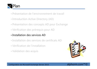 Plan
• Présentation de l’environnement de travail
• Introduction Active Directory (AD)
• Présentation des concepts AD pour Exchange
• Vérification des prérequis pour AD
• Installation des services AD
Configuration de Microsoft Exchange Server 2010 alphorm.com™©
• Installation des services AD
• Installation des services de certificats AD
• Vérification de l’installation
• Validation des acquis
 
