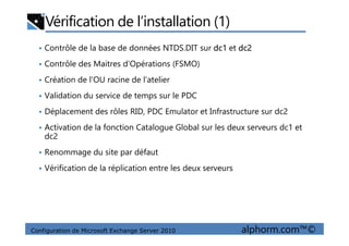 Vérification de l’installation (1)
• Contrôle de la base de données NTDS.DIT sur dc1 et dc2
• Contrôle des Maitres d’Opérations (FSMO)
• Création de l’OU racine de l’atelier
• Validation du service de temps sur le PDC
• Déplacement des rôles RID, PDC Emulator et Infrastructure sur dc2
• Activation de la fonction Catalogue Global sur les deux serveurs dc1 et
Configuration de Microsoft Exchange Server 2010 alphorm.com™©
• Activation de la fonction Catalogue Global sur les deux serveurs dc1 et
dc2
• Renommage du site par défaut
• Vérification de la réplication entre les deux serveurs
 