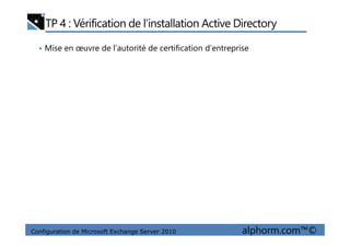 TP 4 : Vérification de l’installation Active Directory
• Mise en œuvre de l’autorité de certification d’entreprise
Configuration de Microsoft Exchange Server 2010 alphorm.com™©
 