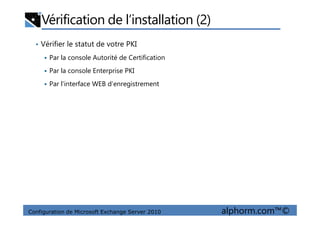 Vérification de l’installation (2)
• Vérifier le statut de votre PKI
Par la console Autorité de Certification
Par la console Enterprise PKI
Par l’interface WEB d’enregistrement
Configuration de Microsoft Exchange Server 2010 alphorm.com™©
 