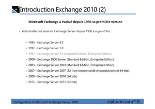 Introduction Exchange 2010 (2)
Microsoft Exchange a évolué depuis 1996 sa première version
• Voici la liste des versions Exchange Server depuis 1996 à aujourd'hui :
• 1996 - Exchange Server 4.0
• 1997 - Exchange Server 5.0
• 1997 - Exchange Server 5.5 (Standard Edition, Entreprise Edition)
Configuration de Microsoft Exchange Server 2010 alphorm.com™©
• 1997 - Exchange Server 5.5 (Standard Edition, Entreprise Edition)
• 2000 - Exchange 2000 Server (Standard Edition, Entreprise Edition)
• 2003 - Exchange Server 2003 (Standard Edition, Entreprise Edition)
• 2007 - Exchange Server 2007 (32 (non recommandé en production) et 64 bits)
• 2009 - Exchange Server 2010 (64 bits)
• 2012 - Exchange Server 2013 (64 bits)
 