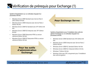 Vérification de prérequis pour Exchange (1)
Système d’exploitation sur un ordinateur équipé d’un
processeur 64 bits :
• Windows Server 2008 Standard avec Service Pack 2
(SP2) Edition 64 bits
• Windows Server 2008 Enterprise avec Service Pack 2
Edition 64 bits
• Windows Server 2008 R2 Standard avec SP1 Edition 64
bits
• Windows Server 2008 R2 Enterprise avec SP1 Edition
64 bits Système d’exploitation pour l’installation des outils de
gestion Exchange sur un ordinateur équipé d’un
Pour Exchange ServerPour Exchange Server
Configuration de Microsoft Exchange Server 2010 alphorm.com™©
• Windows Server 2008 Datacenter RTM ou version
ultérieure Edition 64 bits
• Windows Server 2008 R2 Datacenter RTM ou version
ultérieure Edition 64 bits
gestion Exchange sur un ordinateur équipé d’un
processeur 64 bits
• Windows Server 2008 Standard avec SP2 Edition 64
bits
• Windows Server 2008 Enterprise avec Service Pack 2
Edition 64 bits
• Windows Server 2008 R2, Standard Edition 64 bits
• Windows Server 2008 R2, Enterprise Edition 64 bits
• Windows 7 Edition 64 bits
• Windows Vista avec SP2 uniquement pour l’installation
des outils de gestion
Pour les outils
d’administration
Exchange
Pour les outils
d’administration
Exchange
 