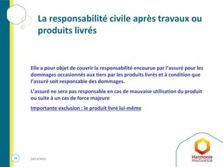 26 14/12/2015
La responsabilité civile après travaux ou
produits livrés
Elle a pour objet de couvrir la responsabilité encourue par l’assuré pour les
dommages occasionnés aux tiers par les produits livrés et à condition que
l’assuré soit responsable des dommages.
L’assuré ne sera pas responsable en cas de mauvaise utilisation du produit
ou suite à un cas de force majeure
Importante exclusion : le produit livré lui-même
 