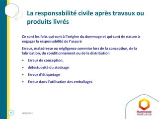 27 14/12/2015
La responsabilité civile après travaux ou
produits livrés
Ce sont les faits qui sont à l’origine du dommage et qui sont de nature à
engager la responsabilité de l’assuré
Erreur, maladresse ou négligence commise lors de la conception, de la
fabrication, du conditionnement ou de la distribution
• Erreur de conception,
• défectuosité du stockage
• Erreur d’étiquetage
• Erreur dans l’utilisation des emballages
 