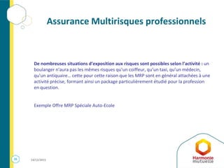 31 14/12/2015
Assurance Multirisques professionnels
De nombreuses situations d’exposition aux risques sont possibles selon l’activité : un
boulanger n’aura pas les mêmes risques qu’un coiffeur, qu’un taxi, qu’un médecin,
qu’un antiquaire… cette pour cette raison que les MRP sont en général attachées à une
activité précise, formant ainsi un package particulièrement étudié pour la profession
en question.
Exemple Offre MRP Spéciale Auto-Ecole
 