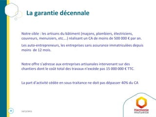 39 14/12/2015
La garantie décennale
Notre cible : les artisans du bâtiment (maçons, plombiers, électriciens,
couvreurs, menuisiers, etc….) réalisant un CA de moins de 500 000 € par an.
Les auto-entrepreneurs, les entreprises sans assurance immatriculées depuis
moins de 12 mois.
Notre offre s’adresse aux entreprises artisanales intervenant sur des
chantiers dont le coût total des travaux n’excède pas 15 000 000 € TTC.
La part d’activité cédée en sous-traitance ne doit pas dépasser 40% du CA
 