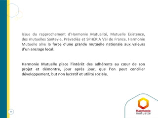 Issue du rapprochement d’Harmonie Mutualité, Mutuelle Existence,
des mutuelles Santevie, Prévadiès et SPHERIA Val de France, Harmonie
Mutuelle allie la force d’une grande mutuelle nationale aux valeurs
d’un ancrage local.
Harmonie Mutuelle place l’intérêt des adhérents au cœur de son
projet et démontre, jour après jour, que l’on peut concilier
développement, but non lucratif et utilité sociale.
44
 