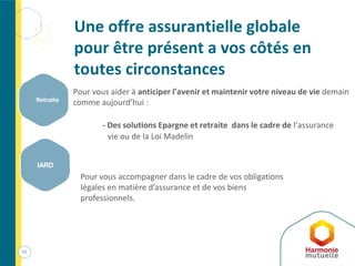 Pour vous aider à anticiper l’avenir et maintenir votre niveau de vie demain
comme aujourd’hui :
- Des solutions Epargne et retraite dans le cadre de l’assurance
vie ou de la Loi Madelin
Une offre assurantielle globale
pour être présent a vos côtés en
toutes circonstances
52
Retraite
IARD
Pour vous accompagner dans le cadre de vos obligations
légales en matière d’assurance et de vos biens
professionnels.
 
