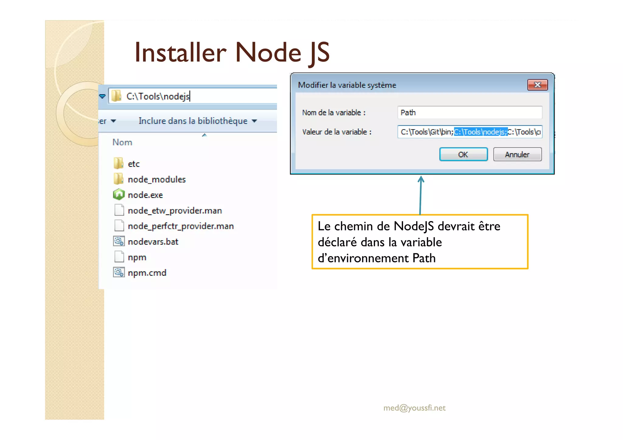Installer Node JS
med@youssfi.net
Le chemin de NodeJS devrait être
déclaré dans la variable
d’environnement Path
 