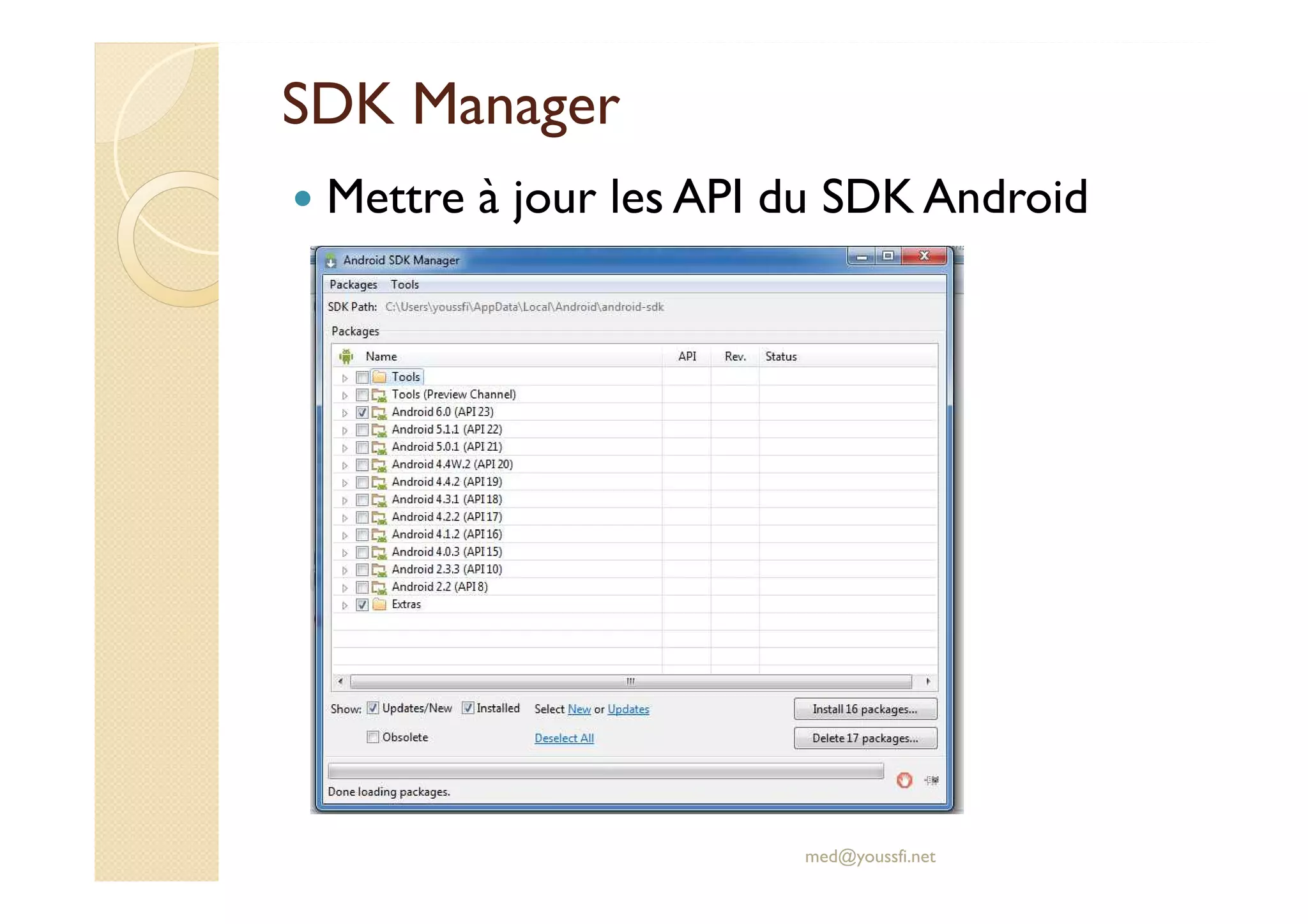 SDK Manager
Mettre à jour les API du SDK Android
med@youssfi.net
 