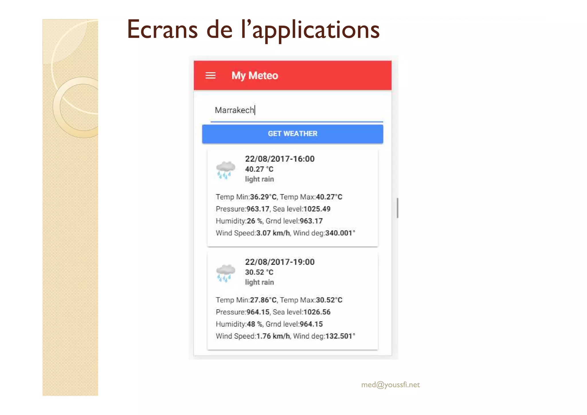 Ecrans de l’applications
med@youssfi.net
 