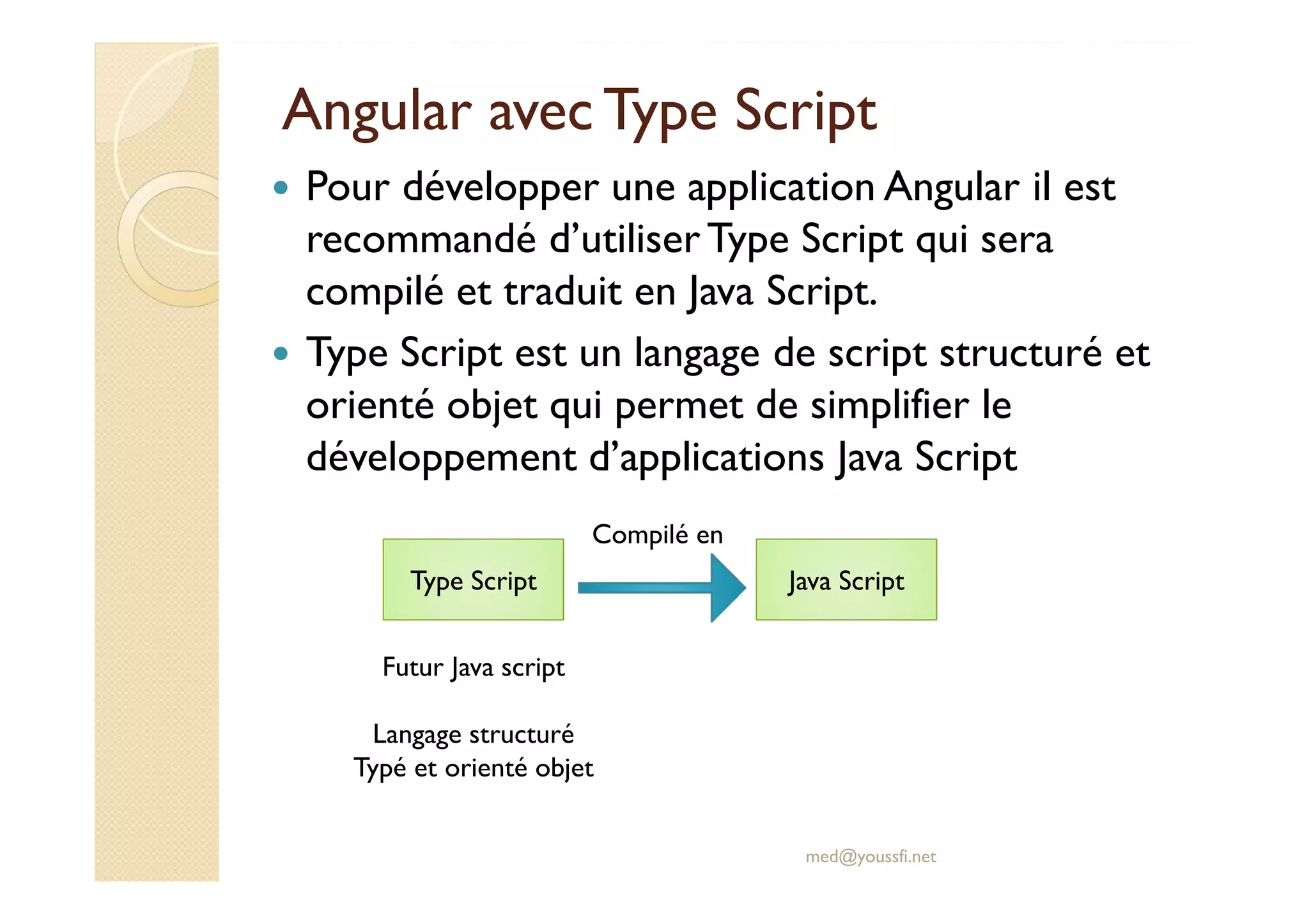 Angular avec Type Script
Pour développer une application Angular il est
recommandé d’utiliserType Script qui sera
compilé et traduit en Java Script.
Type Script est un langage de script structuré et
orienté objet qui permet de simplifier le
développement d’applications Java Script
med@youssfi.net
Type Script Java Script
Compilé en
Futur Java script
Langage structuré
Typé et orienté objet
 
