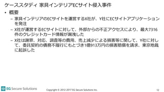 ケーススタディ 家具インテリアECサイト侵入事件
• 概要
– 家具インテリアのECサイトを運営するX社が、Y社にECサイトアプリケーション
を発注
– X社が運営するECサイトに対して、外部からの不正アクセスにより、最大7316
件のクレジットカード情報が漏洩した
– X社は謝罪、対応、調査等の費用、売上減少による損害等に関して、Y社に対し
て、委託契約の債務不履行にもとづき1億913万円の損害賠償を請求、東京地裁
に起訴した
Copyright © 2012-2017 EG Secure Solutions Inc. 12
 