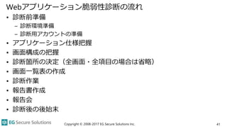 Webアプリケーション脆弱性診断の流れ
• 診断前準備
– 診断環境準備
– 診断用アカウントの準備
• アプリケーション仕様把握
• 画面構成の把握
• 診断箇所の決定（全画面・全項目の場合は省略）
• 画面一覧表の作成
• 診断作業
• 報告書作成
• 報告会
• 診断後の後始末
Copyright © 2008-2017 EG Secure Solutions Inc. 41
 