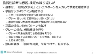 脆弱性診断は仮説-検証の繰り返しだ
• 基本は、「診断文字列」というパターンを入力して挙動を確認する
• 挙動は以下の3つに分類される
– 正常: この診断文字列からは何も言えない
– グレー: 怪しいけど脆弱性とは言い切れない
– 脆弱性の疑いが濃厚: 脆弱性が検出された可能性が高い
• 正常の場合…他のパターンを試す
• グレーの場合…仮説検証を行う
– グレーの現象を説明できる仮説を考える
– 仮説を検証するためのパターンを考え、実行する
– 上記を繰り返し
• 疑いが濃厚…「動かぬ証拠」を見つけて、報告する
Copyright © 2012-2017 EG Secure Solutions Inc. 42
 
